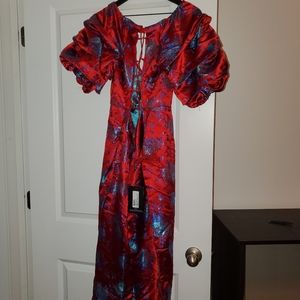 Red Floral Jacquard Lace Up Back Midi Dress